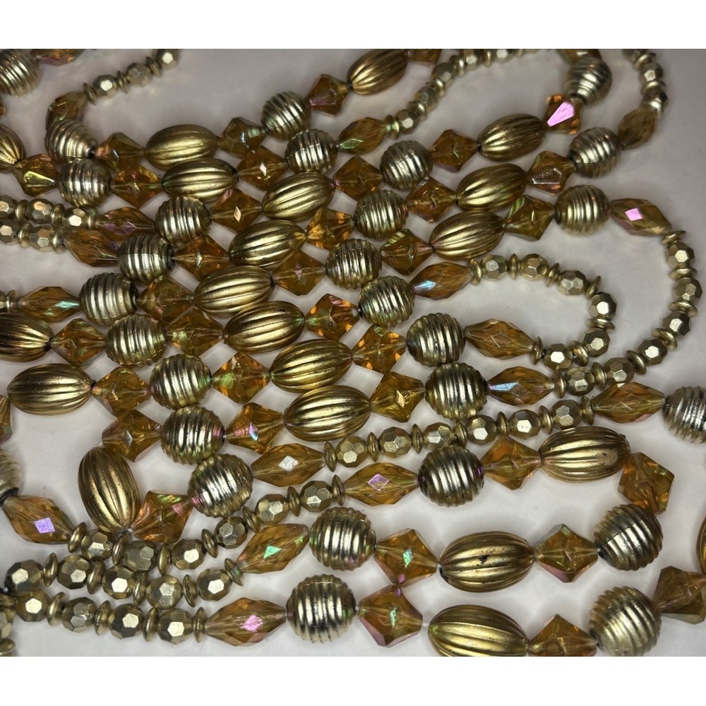 Vintage Christmas Bead Garland Gold Silver Amber AB Plastic Tree Trim 110"